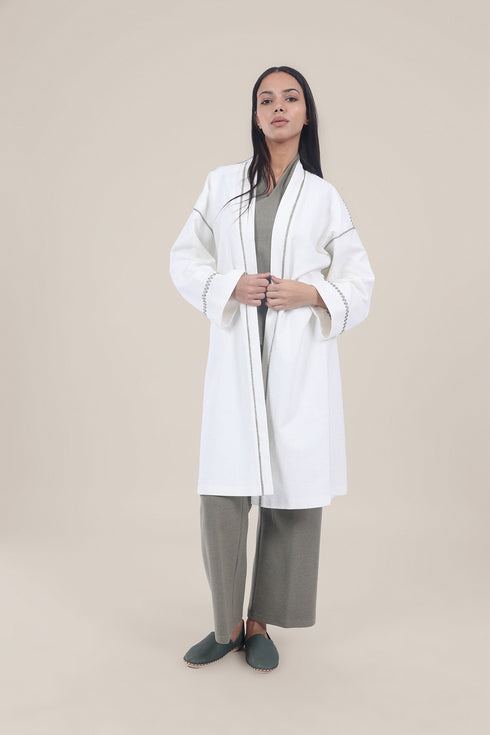 Embroidered long coat in linen cotton blend